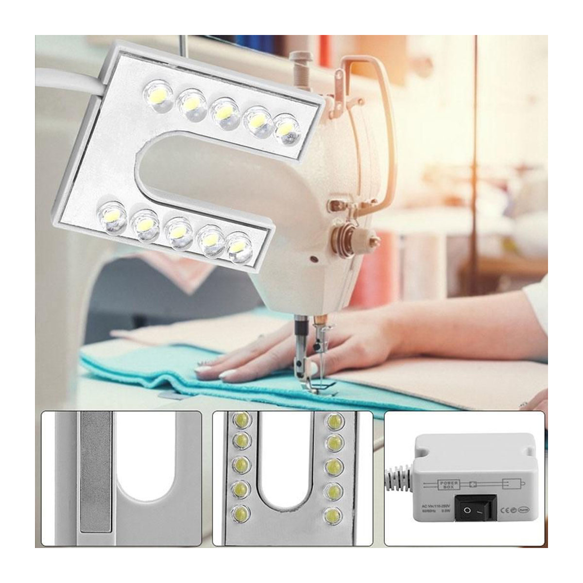 NATAWA Industrielle LED Arbeitsleuchte in U-Form mit 10 LEDs, Magnetische Nähmaschinenleuchte für Werkbänke und Bohrmaschinen, Weiß - Bild 4