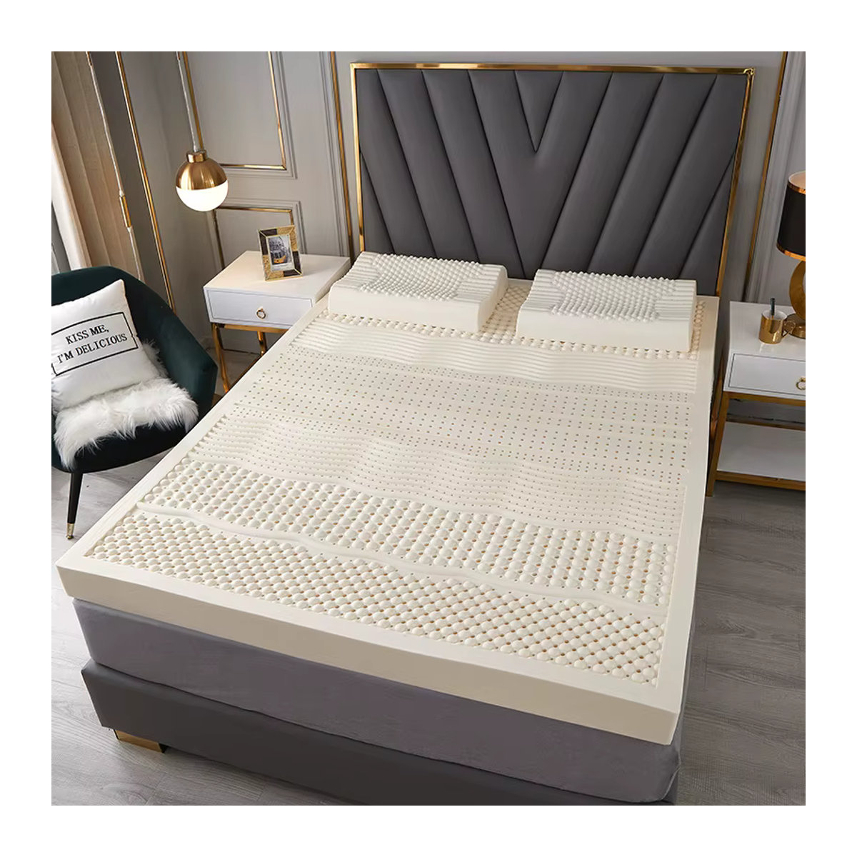 Natur-Latex Matratze aus Thailand mit Bezug in Beige und Weiß, B/T/H: 180 x 150 x 12 cm - Bild 6
