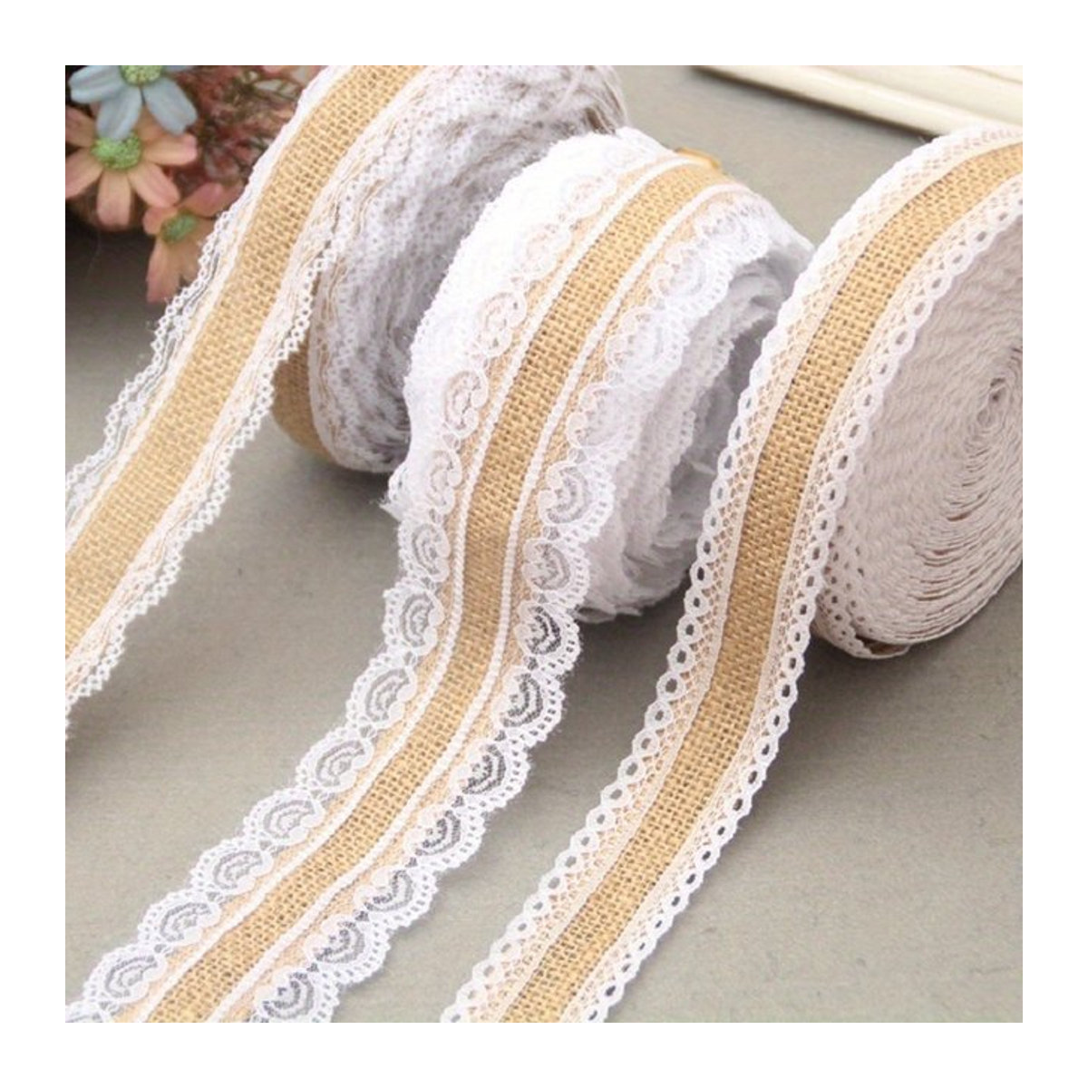 Natürliches Juteband mit weißer Spitze als rustikales Vintage Dekor für Hochzeiten, 2 Meter Länge, Breite: 2,5 cm - Bild 1