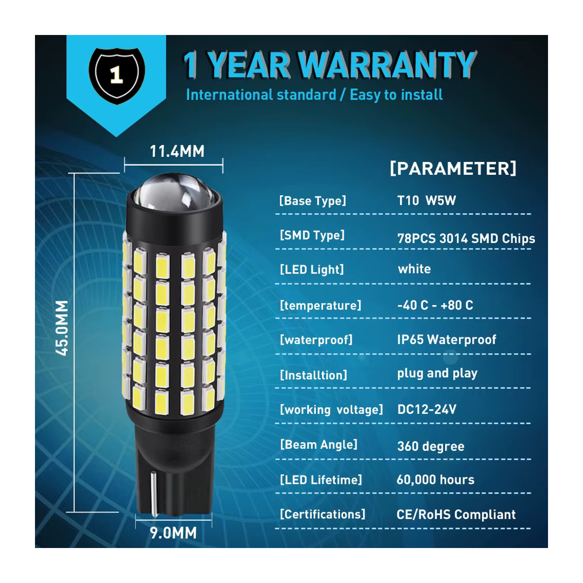 Neallor 2er Set High Power T10 LED Canbus Leuchtmittel mit 78 SMD 3014 Chips für Rückfahrlicht und Parklicht 12V - Bild 2