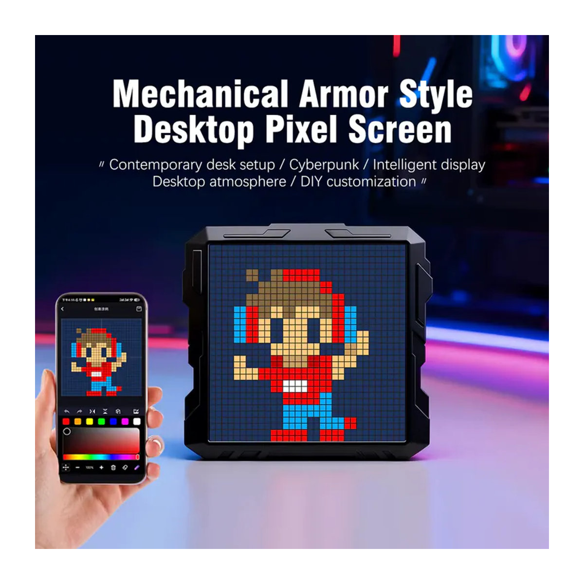 NEIMZ LED-Matrix-Pixel-Bildschirm-Wecker mit Bluetooth und Mecha-Rahmen, DIY-Graffiti-Animations-Kunstdisplay in Schwarz - Bild 2