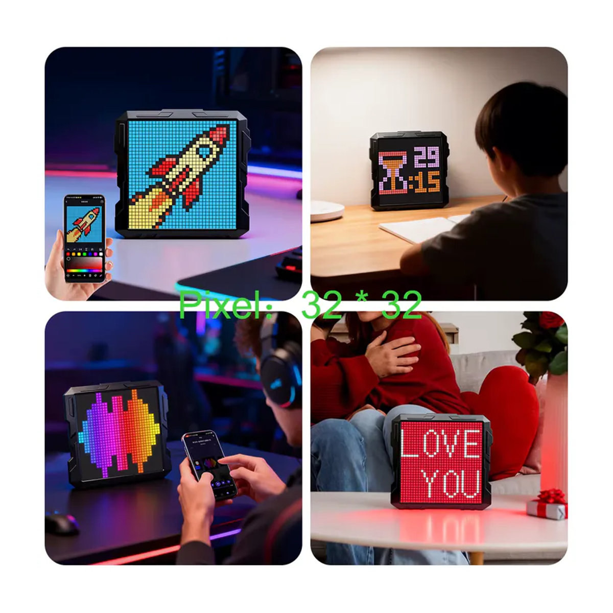 NEIMZ LED-Matrix-Pixel-Bildschirm-Wecker mit Bluetooth und Mecha-Rahmen, DIY-Graffiti-Animations-Kunstdisplay in Schwarz - Bild 4