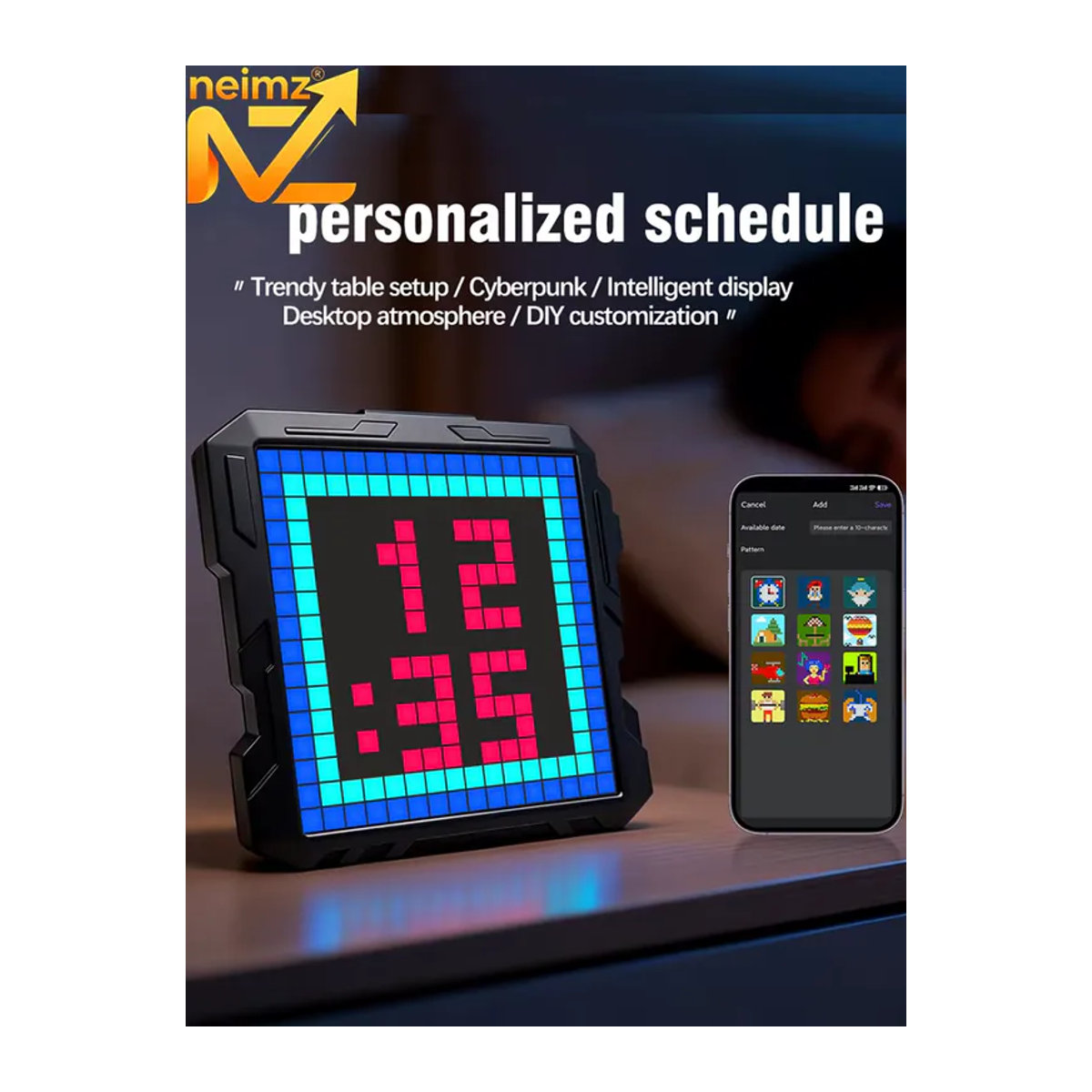 NEIMZ LED-Matrix-Pixel-Bildschirm-Wecker mit Bluetooth und Mecha-Rahmen, DIY-Graffiti-Animations-Kunstdisplay in Schwarz - Bild 7