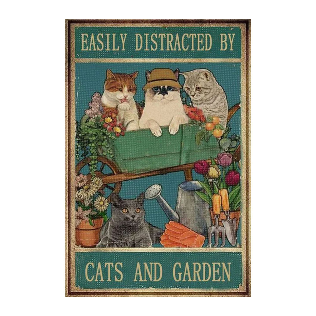 NENAWOS Distracted by Cats and Garden Retro-Metallblechschild, Vintage Aluminium-Wandschild für die Dekoration, mehrfarbig, rechteckig - Bild 1