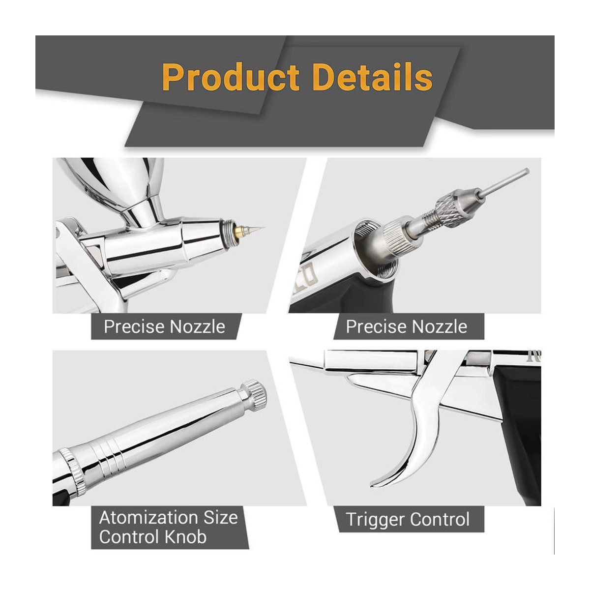 NEOECO Airbrush Set Dual Action Schwerkraft-Spritzpistole in Silber aus Metall mit 0,2/0,3/0,5mm Düsen für Modellbau und Handwerk - Bild 3
