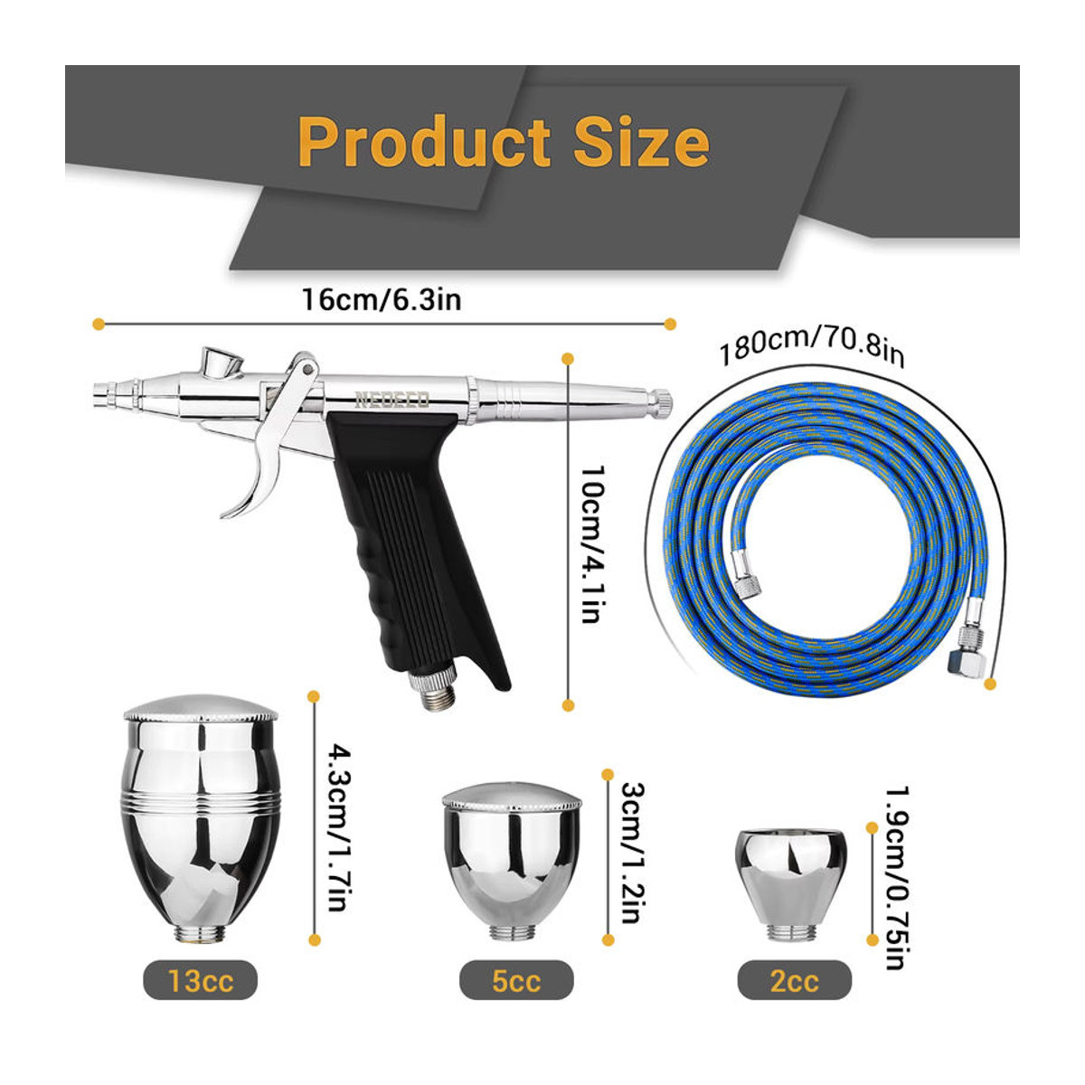 NEOECO Airbrush Set Dual Action Schwerkraft-Spritzpistole in Silber aus Metall mit 0,2/0,3/0,5mm Düsen für Modellbau und Handwerk - Bild 4