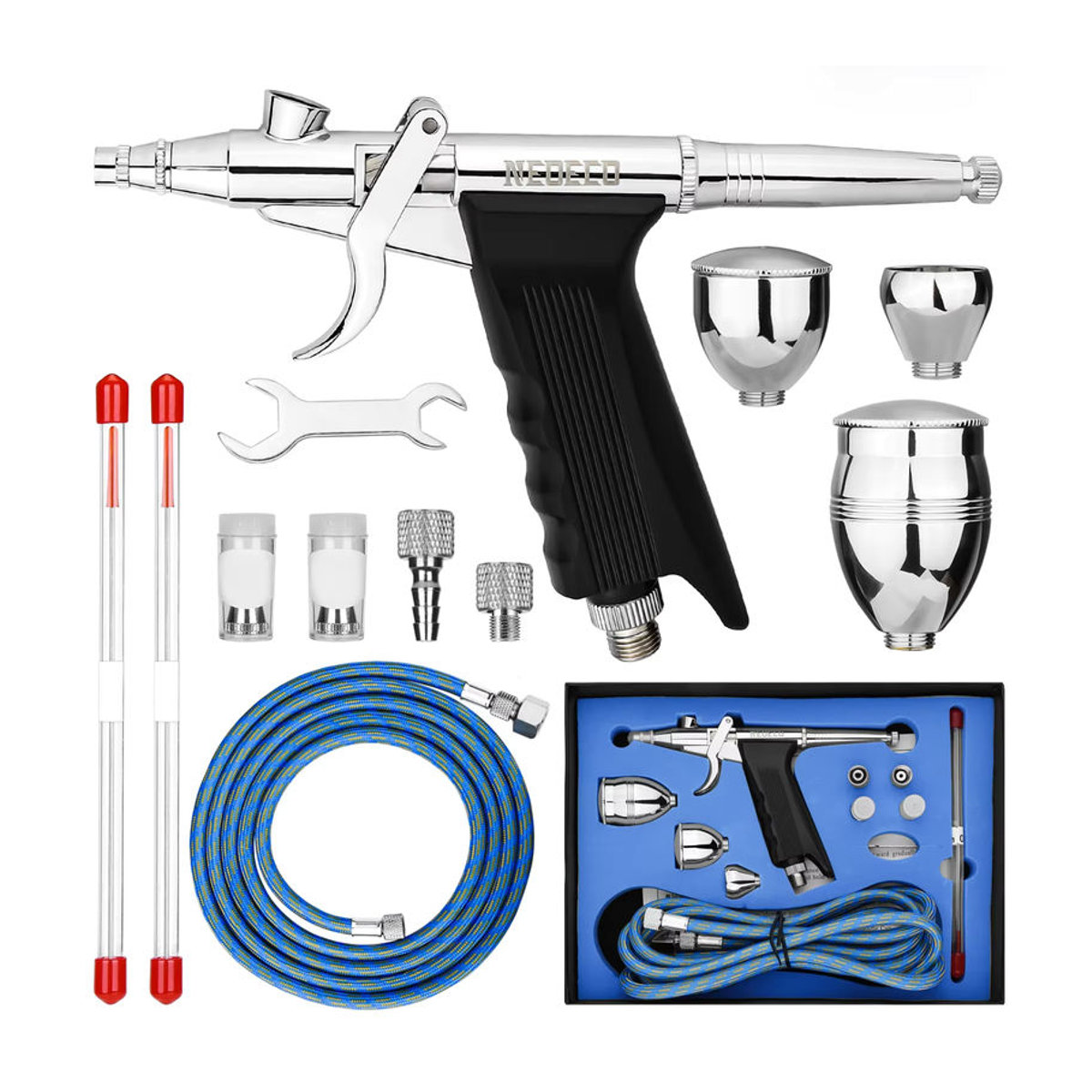 NEOECO Airbrush Set Dual Action Schwerkraft-Spritzpistole in Silber aus Metall mit 0,2/0,3/0,5mm Düsen für Modellbau und Handwerk - Bild 7