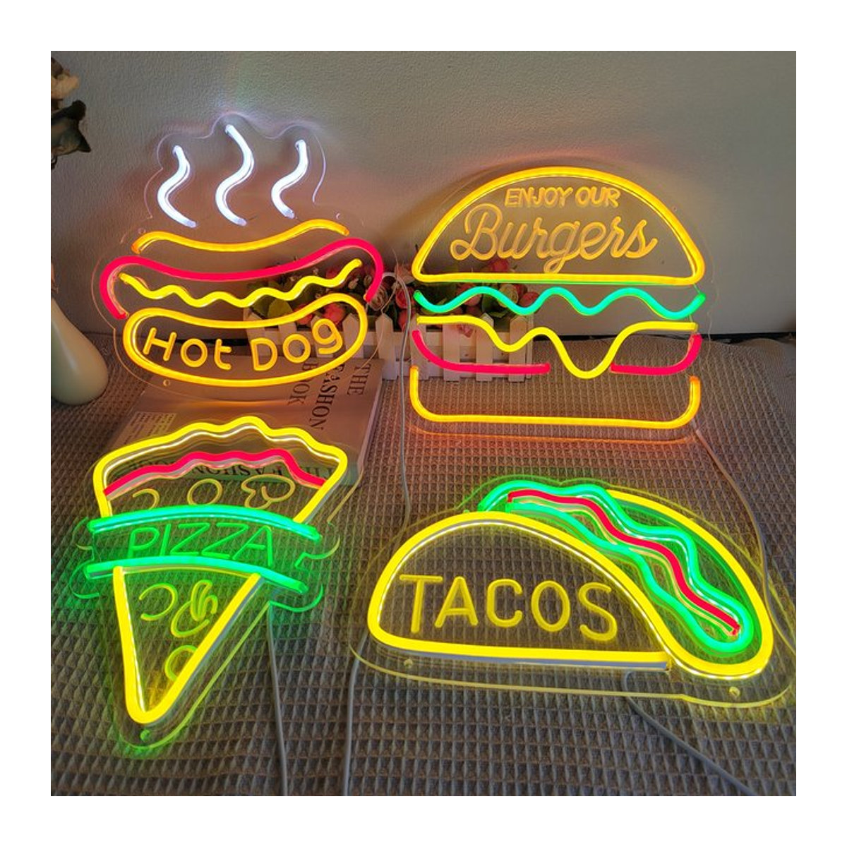 Neonlicht Lebensmittel Poster Zinnmalerei Pizza Burger Werbeplakette für Restaurant Bar und Club als dekorative Wandkunst - Bild 1