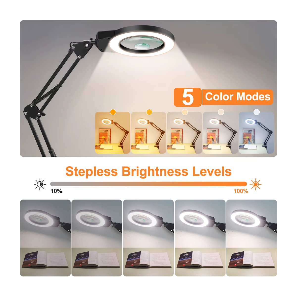 NEWACALOX LED Lupenlampe mit 5-fach und 10-fach Vergrößerung, Schwarz, Lesetischlampe mit 5 farbverstellbaren LED-Leuchten und langen Schwenkarme für Schweißreparatur und Naharbeiten - Bild 2