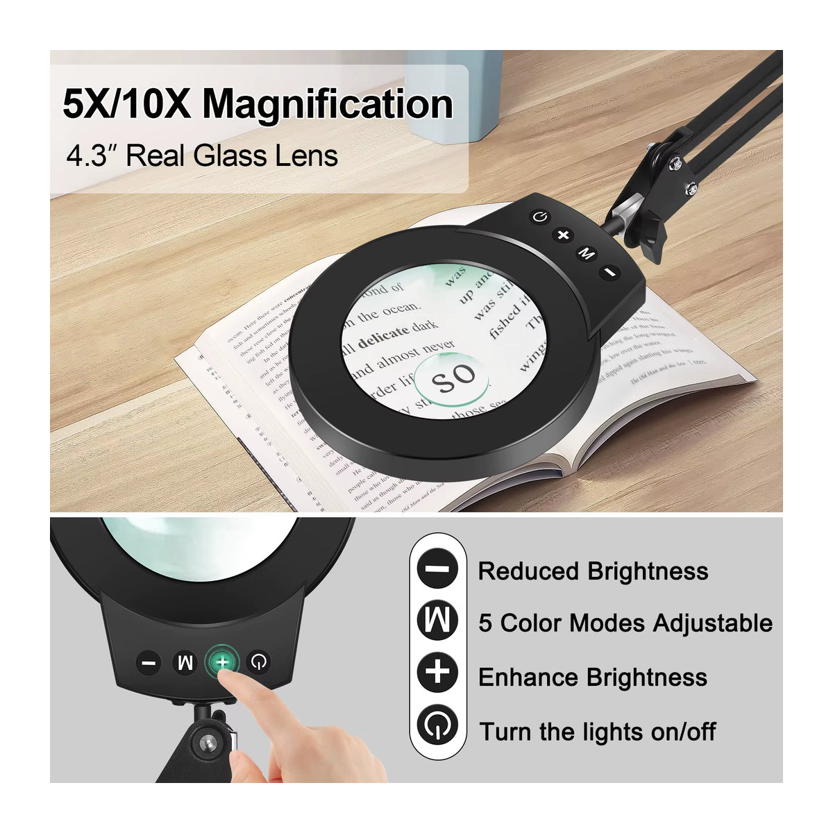 NEWACALOX LED Lupenlampe mit 5-fach und 10-fach Vergrößerung, Schwarz, Lesetischlampe mit 5 farbverstellbaren LED-Leuchten und langen Schwenkarme für Schweißreparatur und Naharbeiten - Bild 3