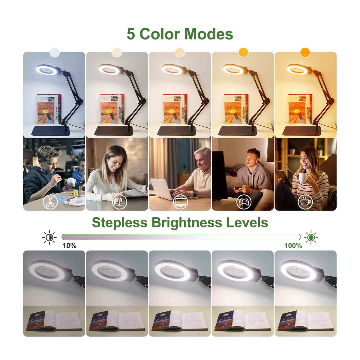 NEWACALOX LED Vergrößerungslampe mit 5-facher Vergrößerung, stufenlos dimmbar, 5 Modi, verstellbarer Schwenkarm und Klemme, Schwarz - Bild 2