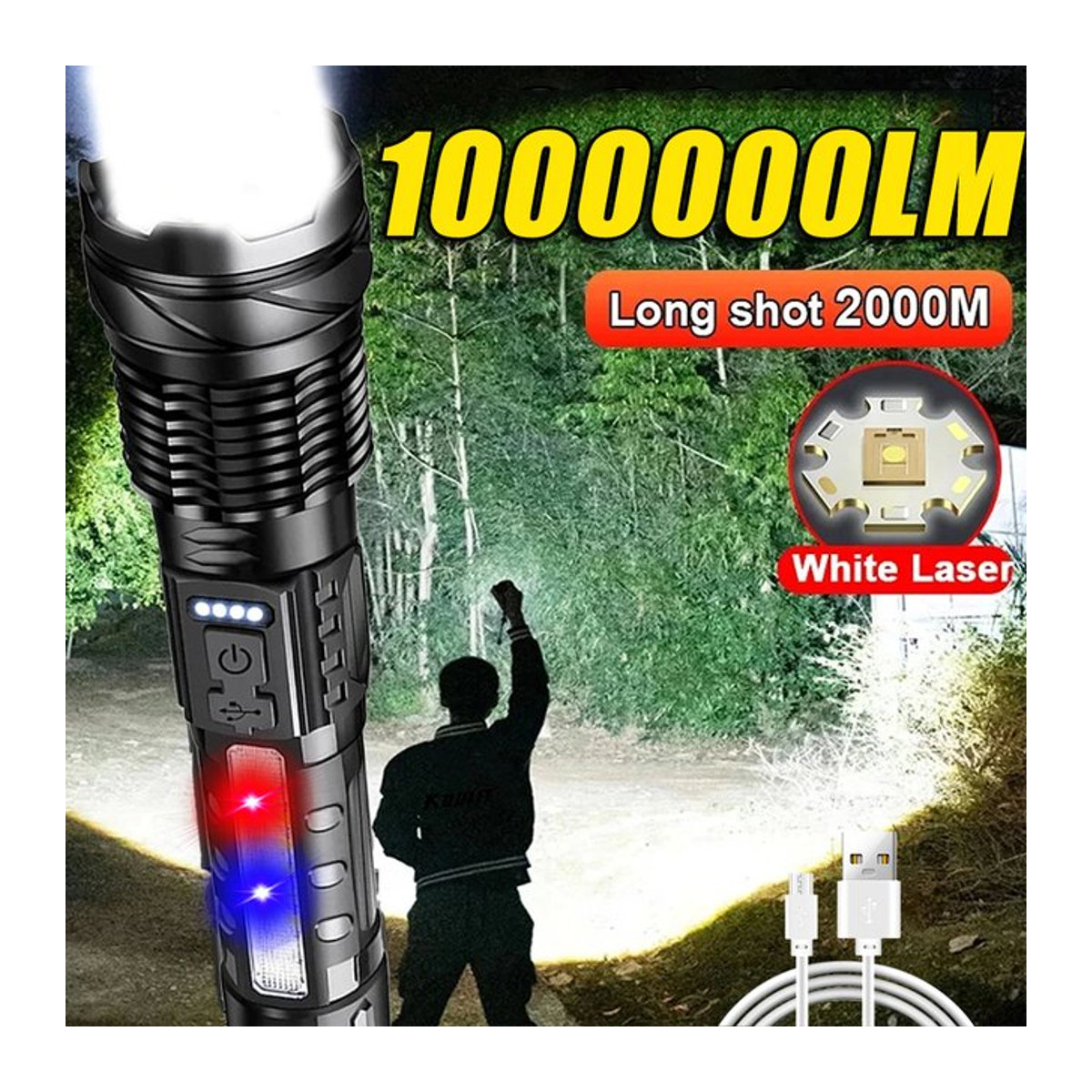 NEWBIRTH Taktische LED-Taschenlampe mit 100000 LM, wiederaufladbar und Zoom für große Reichweite bis 2000 m - Bild 1