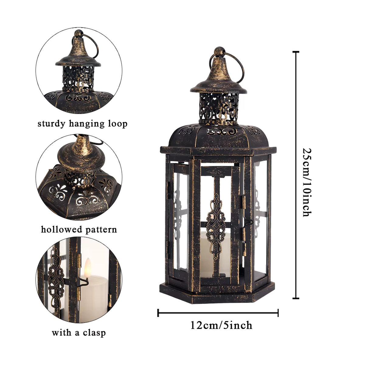 NEWIMAGE Vintage Nordic Kerzenhalter Laterne aus Metall in Schwarz für Stumpenkerzen, hängendes Design mit Schlaufe und geometrischem Stil - Bild 6