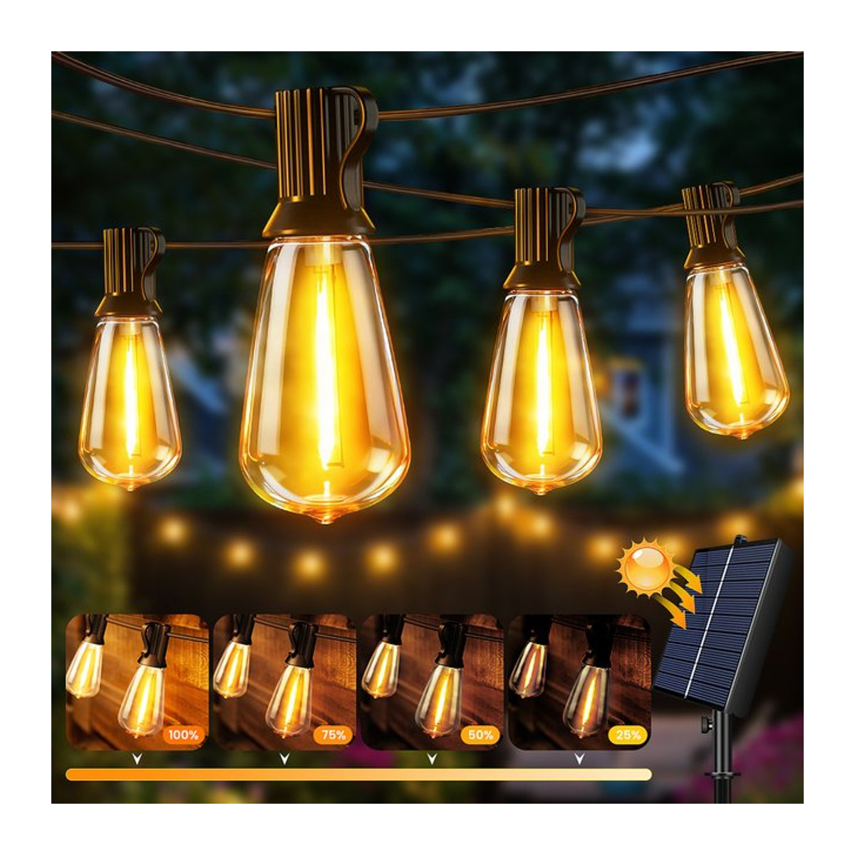 nexillumi Outdoor ST38 Solar-Lichterkette in Schwarz mit Fernbedienung, wasserdichte und bruchsichere dimmbare Retro-Glühbirnen als Solarleuchte für Garten, Veranda und Terrasse - Bild 1