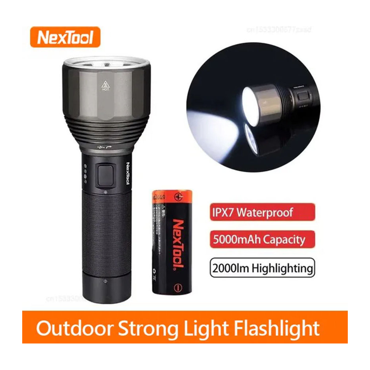 NexTool Outdoor-Taschenlampe mit 2000 lm, wiederaufladbare LED mit 380 m Reichweite, IPX7 wasserdicht und 5 Beleuchtungsmodi, Typ C - Bild 1