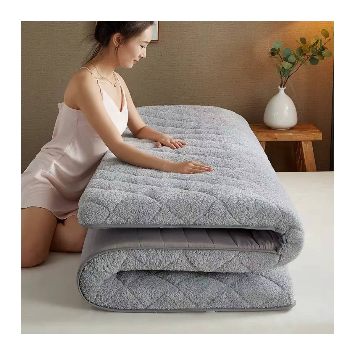 Nfshdream Lammwolle Tatami Matratze mit Flanell und Baumwollfüllung, Grau, Tragbarer Futon für Studenten und Schlafsaal - Bild 1