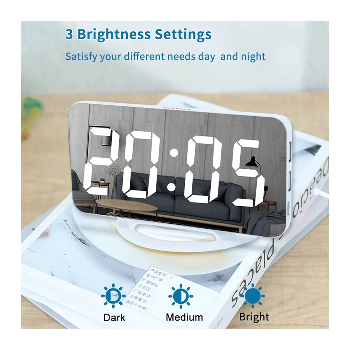 Niditon Digitale LED-Uhr mit Spiegeloberfläche in Weiß, Rechteckige Wand- und Schreibtischuhr aus Glas und Kunststoff für Schlafzimmer, Wohnzimmer und Büro - Bild 2