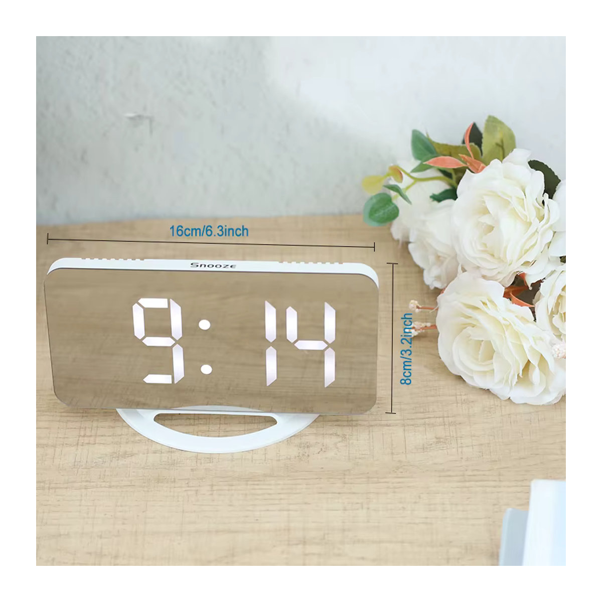 Niditon Digitale LED-Uhr mit Spiegeloberfläche in Weiß, Rechteckige Wand- und Schreibtischuhr aus Glas und Kunststoff für Schlafzimmer, Wohnzimmer und Büro - Bild 5
