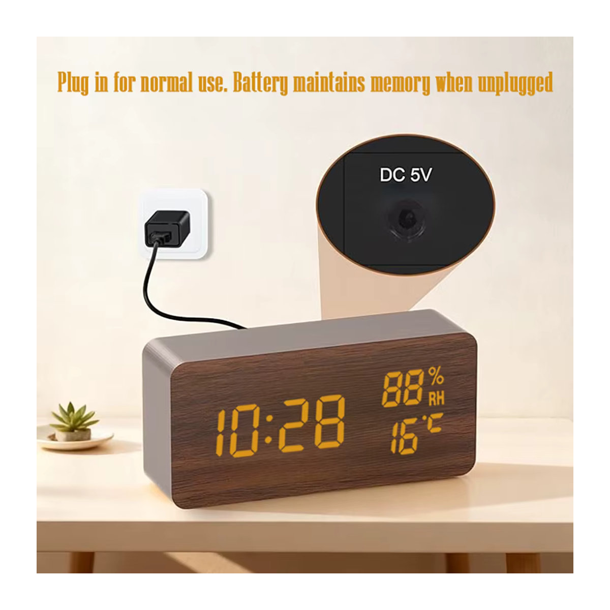 Niditon Digitaler Wecker aus Holz mit LED-Anzeige, Thermometer und Hygrometer, Braun - Bild 1