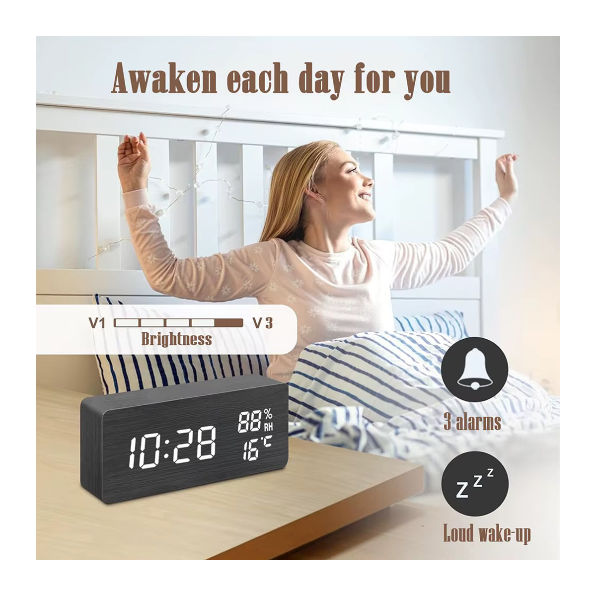Niditon Digitaler Wecker aus Holz mit LED-Anzeige, Thermometer und Hygrometer, Braun - Bild 2