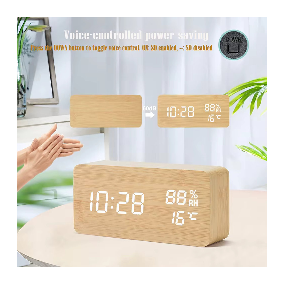 Niditon Digitaler Wecker aus Holz mit LED-Anzeige, Thermometer und Hygrometer, Braun - Bild 3