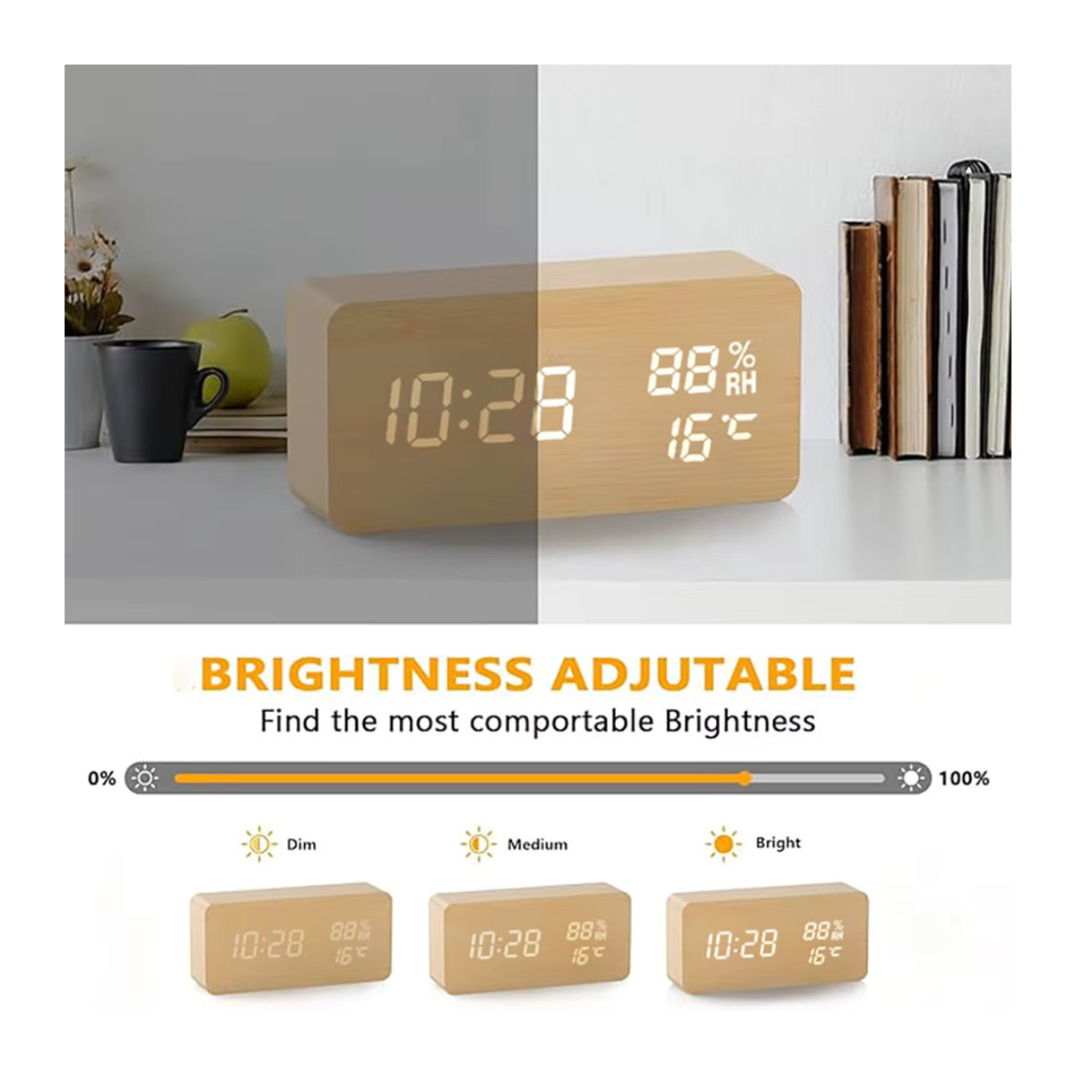Niditon Digitaler Wecker aus Holz mit LED-Anzeige, Thermometer und Hygrometer, Braun - Bild 4