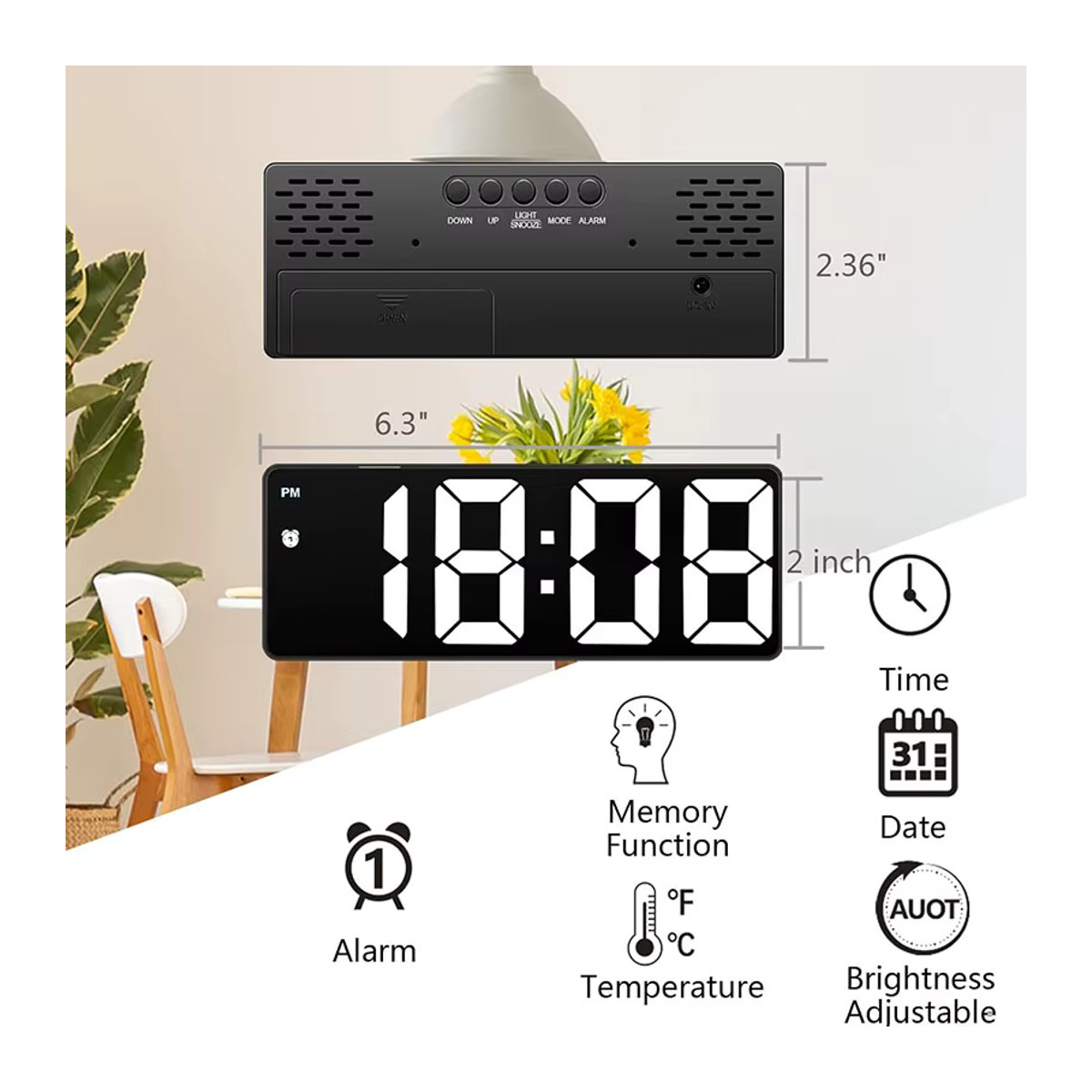 Niditon LED-Digitalwecker in Schwarz, tragbare Tischuhr für Schlafzimmer und Büro, batteriebetrieben - Bild 6