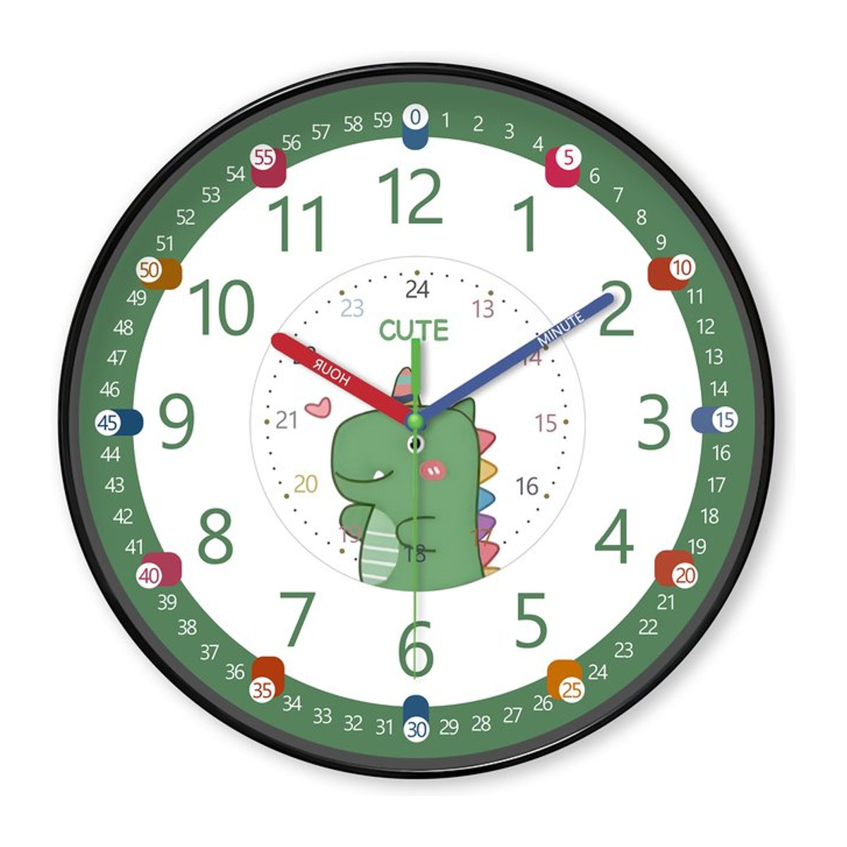 Niedliche Cartoon Wanduhr mit grünem Dinosaurier Design, runde analoge Lernuhr für Kinder mit 24-Stunden-System und leisem Uhrwerk - Bild 1