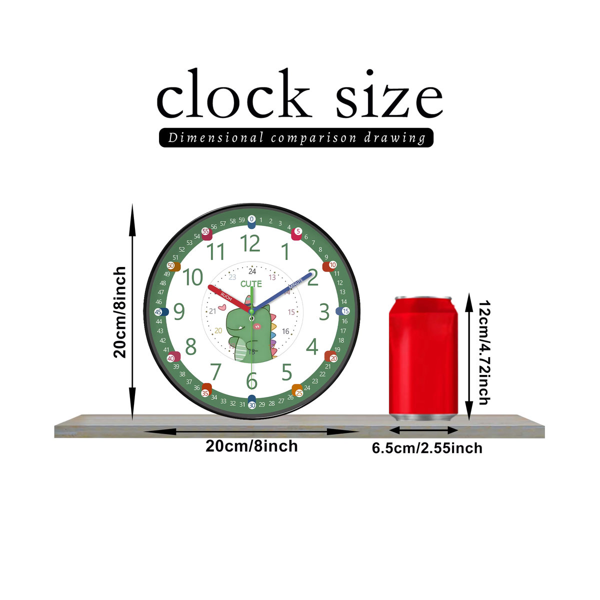 Niedliche Cartoon Wanduhr mit grünem Dinosaurier Design, runde analoge Lernuhr für Kinder mit 24-Stunden-System und leisem Uhrwerk - Bild 3