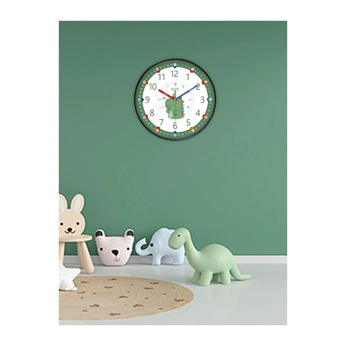 Niedliche Cartoon Wanduhr mit grünem Dinosaurier Design, runde analoge Lernuhr für Kinder mit 24-Stunden-System und leisem Uhrwerk - Bild 5
