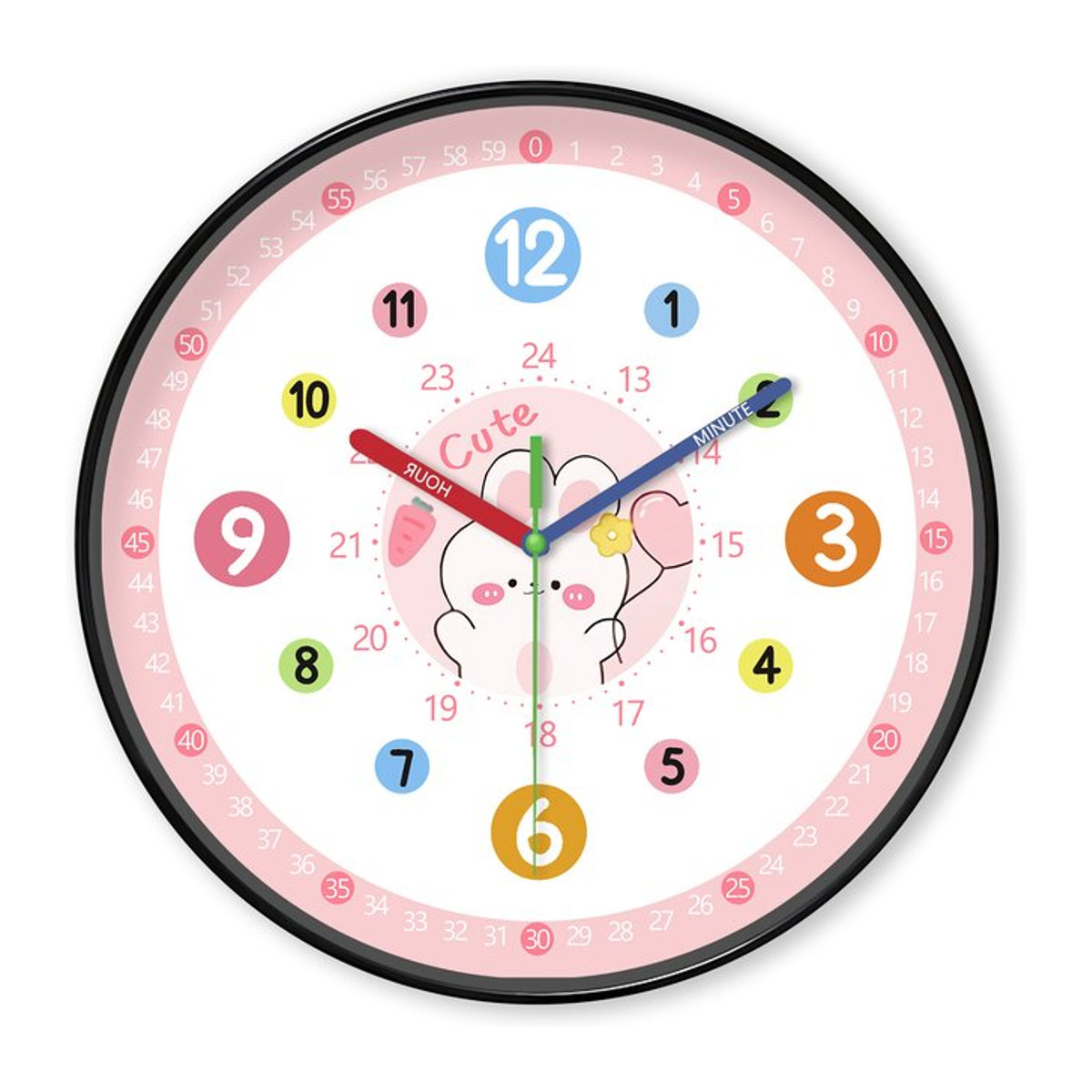 Niedliche Cartoon Wanduhr mit rosa Hasen-Design, digitale Wanduhr in Pink, lautlos und rund, Durchmesser: 20,32 cm - Bild 1