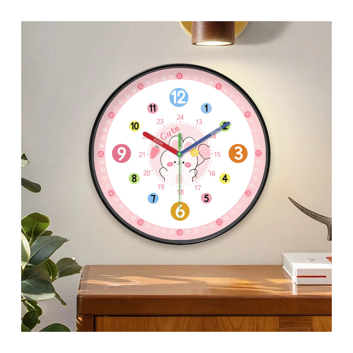 Niedliche Cartoon Wanduhr mit rosa Hasen-Design, digitale Wanduhr in Pink, lautlos und rund, Durchmesser: 20,32 cm - Bild 2