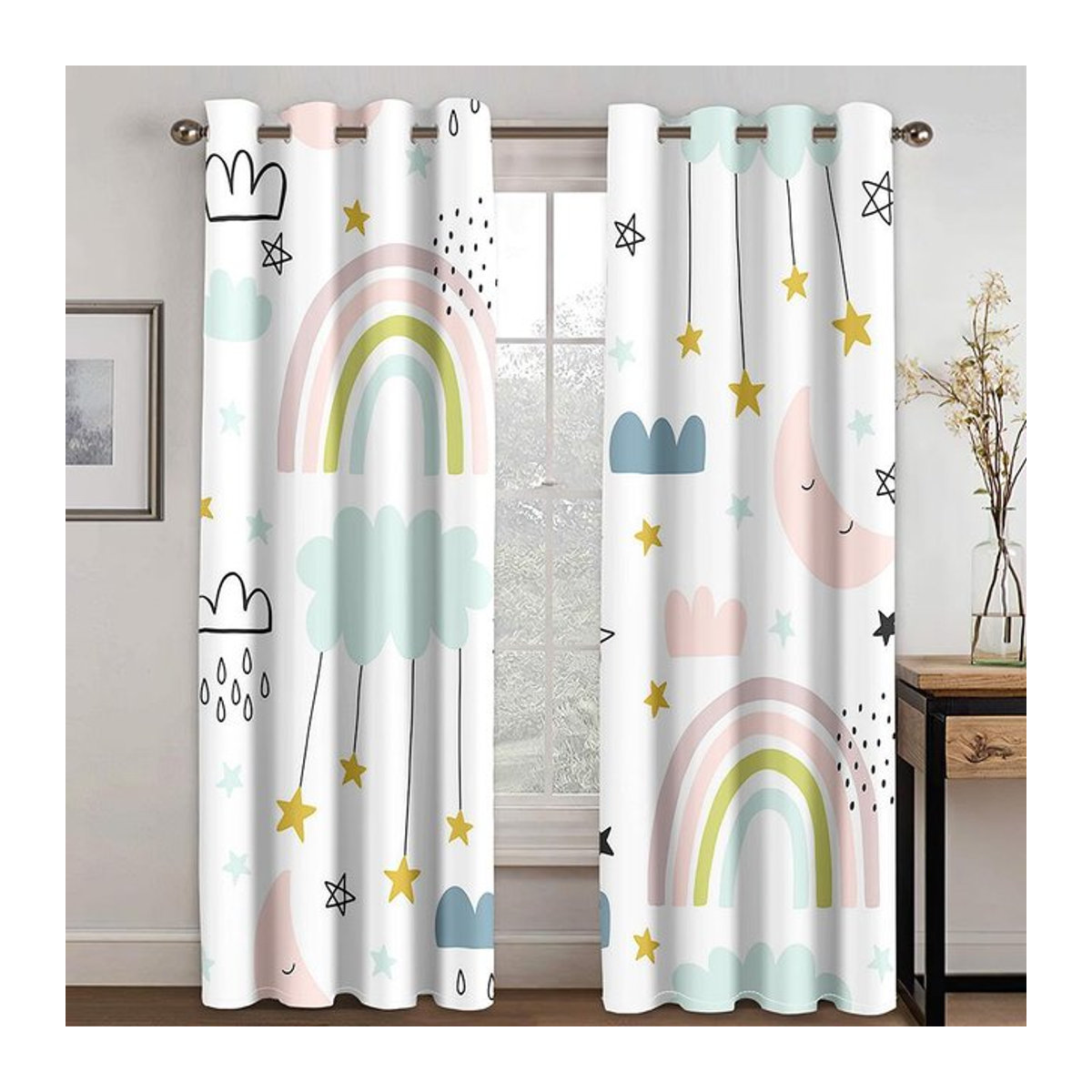 Niedliche Koala Fenster Vorhänge mit Regenbogen-Design für Kinder, 2 Paneele, halbtransparent, Multicolor, Höhe: 130 cm, Breite: 100 cm - Bild 1