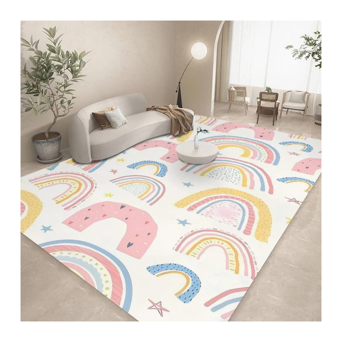 Niedriger Teppich mit Regenbogen- und Wolkenmuster für Kinderzimmer und Wohnzimmer B/B: 80 x 120 cm - Bild 1