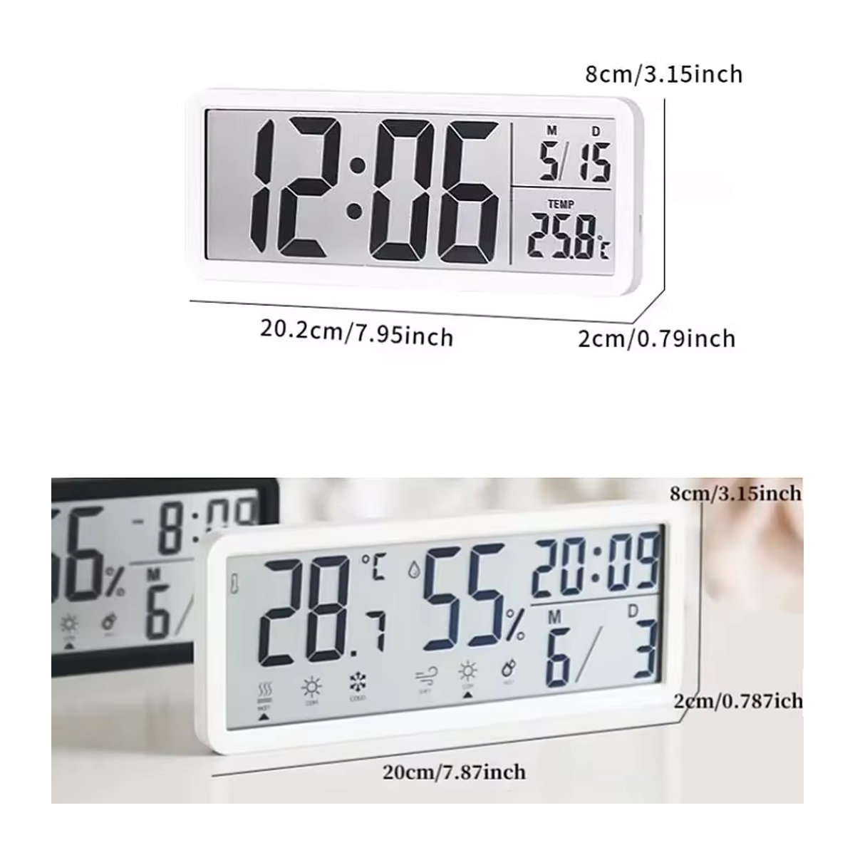 NieNie Digitale LCD-Wanduhr und Tischuhr mit Thermometer und Datumsanzeige, Batteriebetrieben, Weiß oder Schwarz, Rechteckig aus Kunststoff - Bild 4
