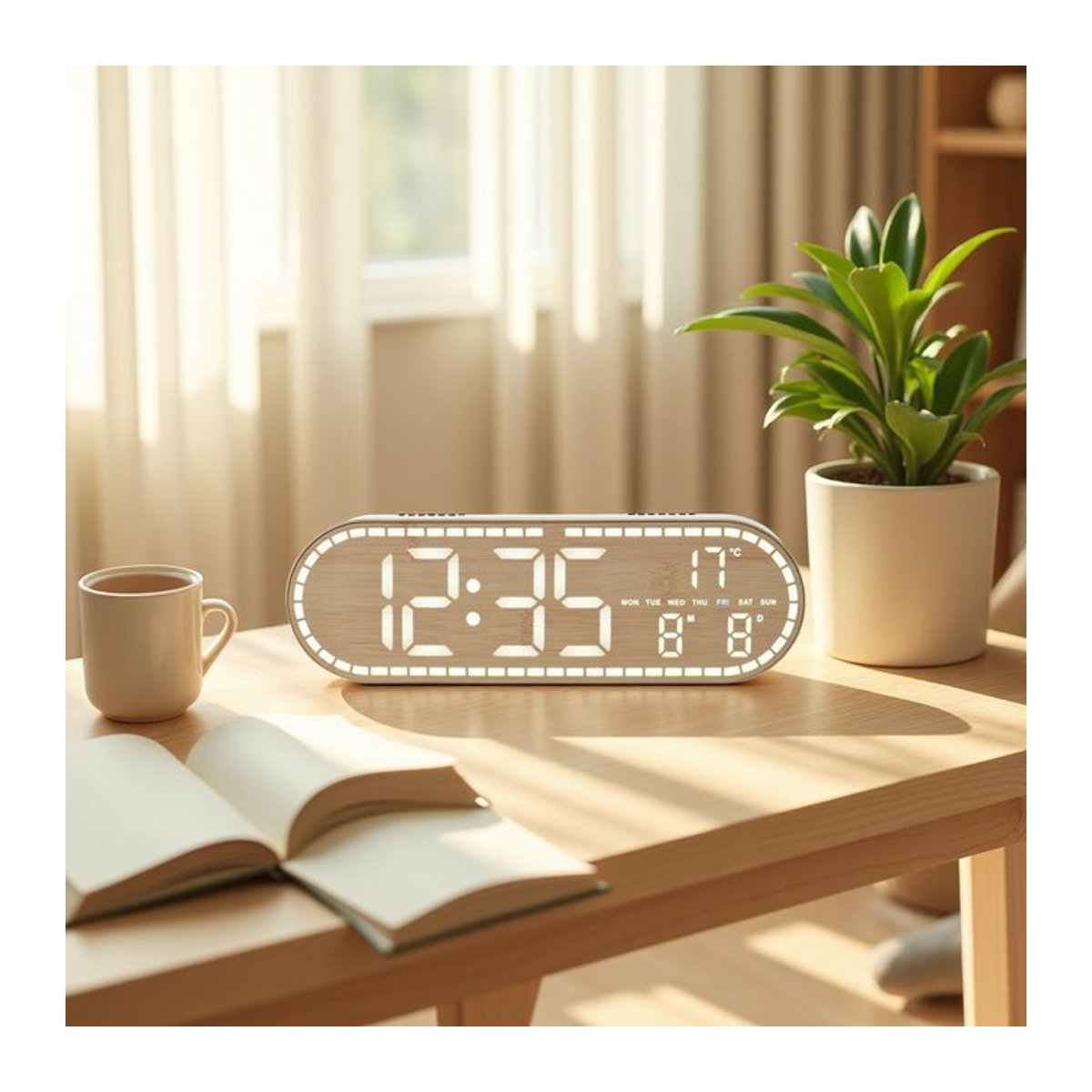 NieNie Digitale LED-Wanduhr in Holzoptik mit Thermometer und Datumsanzeige, Braun, Wandmontage, USB-betrieben - Bild 1