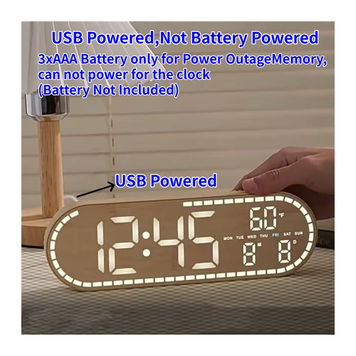 NieNie Digitale LED-Wanduhr in Holzoptik mit Thermometer und Datumsanzeige, Braun, Wandmontage, USB-betrieben - Bild 3