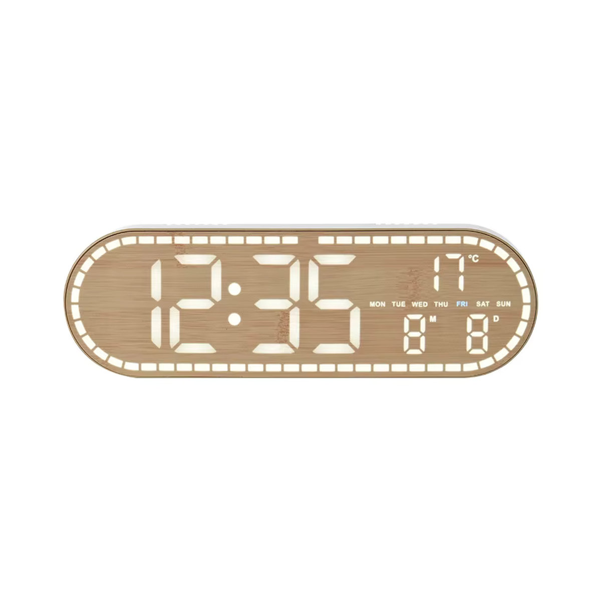 NieNie Digitale LED-Wanduhr in Holzoptik mit Thermometer und Datumsanzeige, Braun, Wandmontage, USB-betrieben - Bild 4