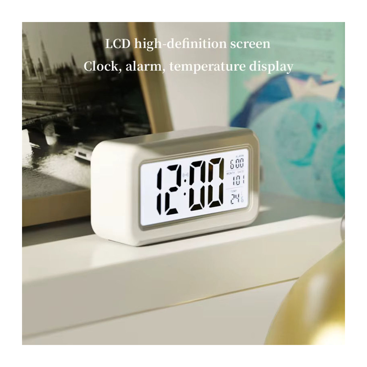 NieNie Digitaler Wecker mit Temperatur und Datumsanzeige, Batteriebetriebene LCD-Tischuhr mit Hintergrundbeleuchtung und Schlummerfunktion, Weiß/Blau - Bild 3