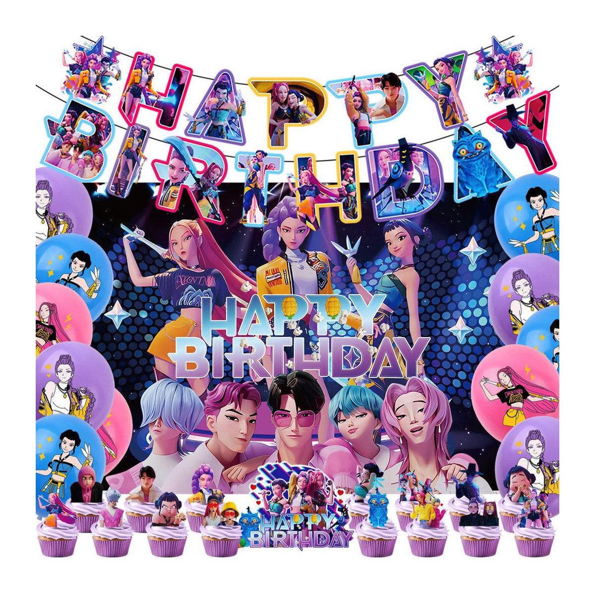 NimbusNectar Kpop Dämonenjäger Geburtstagsdekorationsset mit Banner, Ballons und Hintergrund in Mehrfarbig für Anime-Fans, 12-teilig - Bild 1