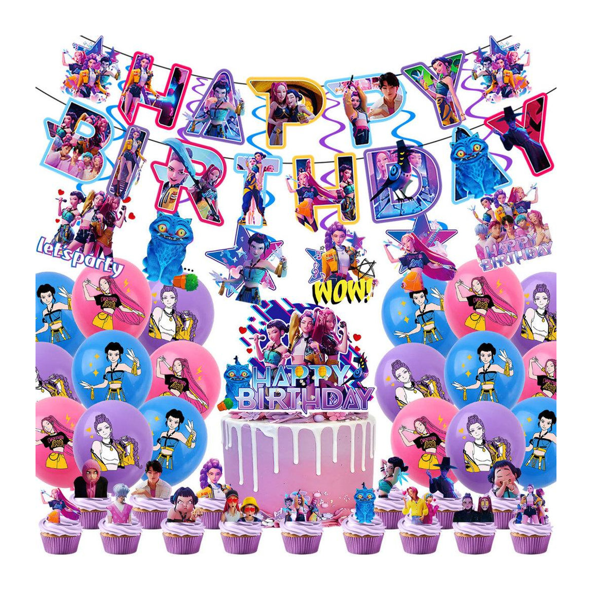 NimbusNectar Kpop Dämonenjäger Geburtstagsdekorationsset mit Banner, Ballons und Hintergrund in Mehrfarbig für Anime-Fans, 12-teilig - Bild 2