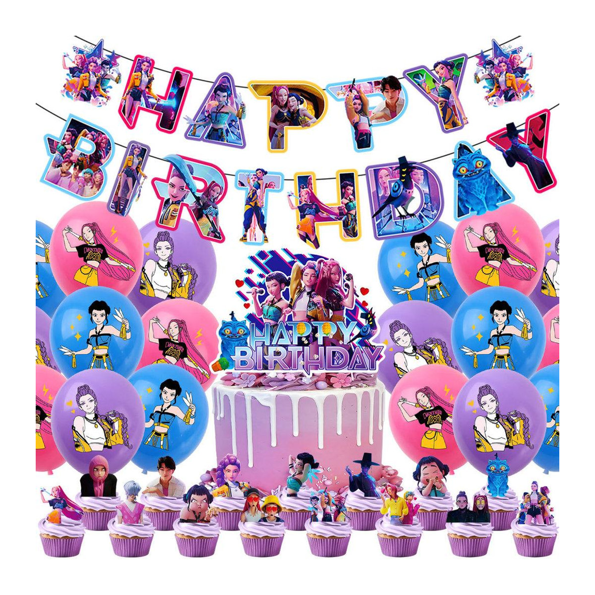 NimbusNectar Kpop Dämonenjäger Geburtstagsdekorationsset mit Banner, Ballons und Hintergrund in Mehrfarbig für Anime-Fans, 12-teilig - Bild 4