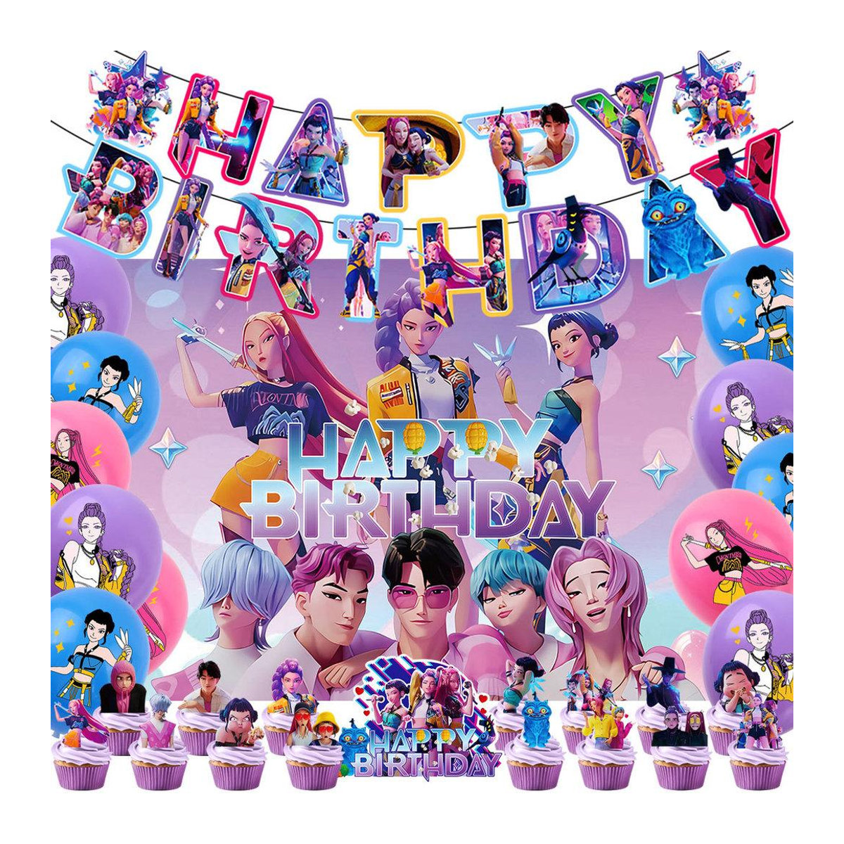 NimbusNectar Kpop Dämonenjäger Geburtstagsdekorationsset mit Banner, Ballons und Hintergrund in Mehrfarbig für Anime-Fans, 12-teilig - Bild 7