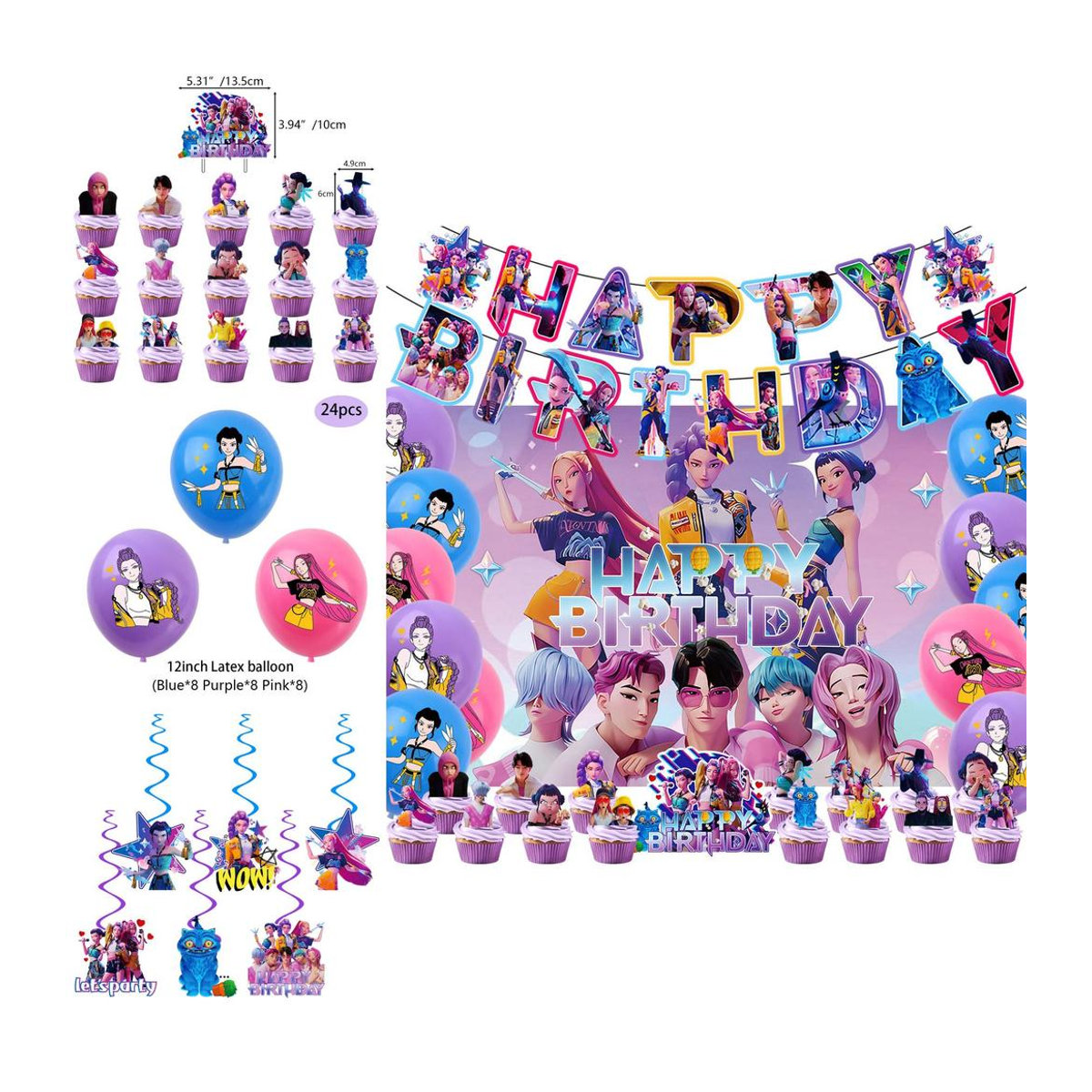 NimbusNectar Kpop Dämonenjäger Geburtstagsdekorationsset mit Banner, Ballons und Hintergrund in Mehrfarbig für Anime-Fans, 12-teilig - Bild 8