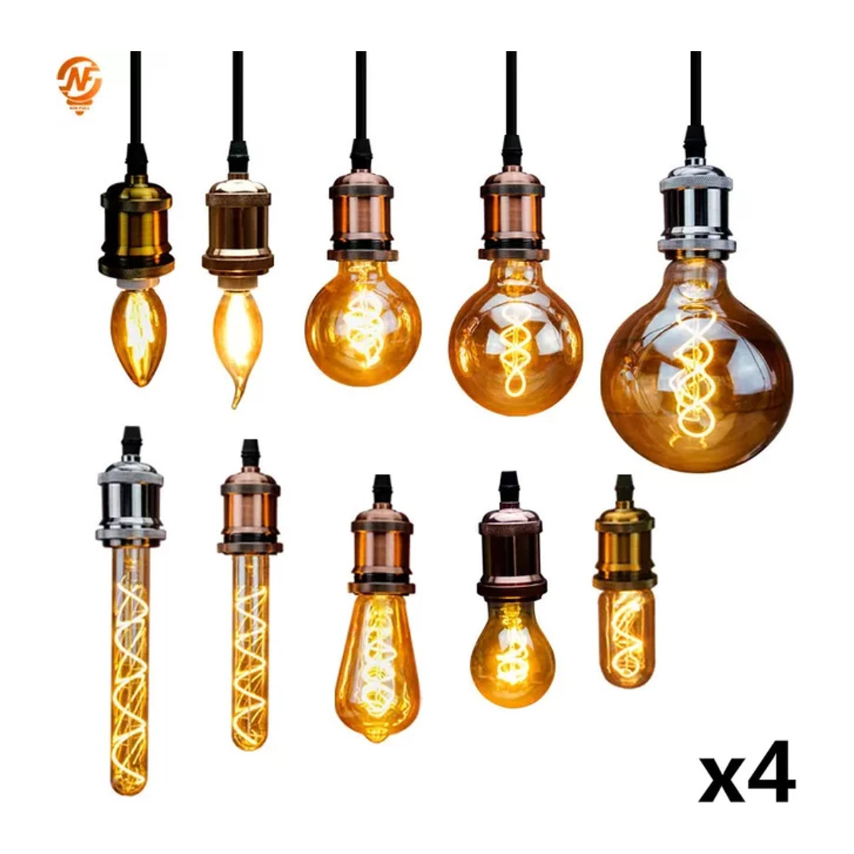 NIN FULL Retro Vintage LED Glühlampen im 4er Set, dimmbar, Spirale Design, 4W, 2200K Warmweiß, A60 ST64 G95 G125 Edison Beleuchtung - Bild 1
