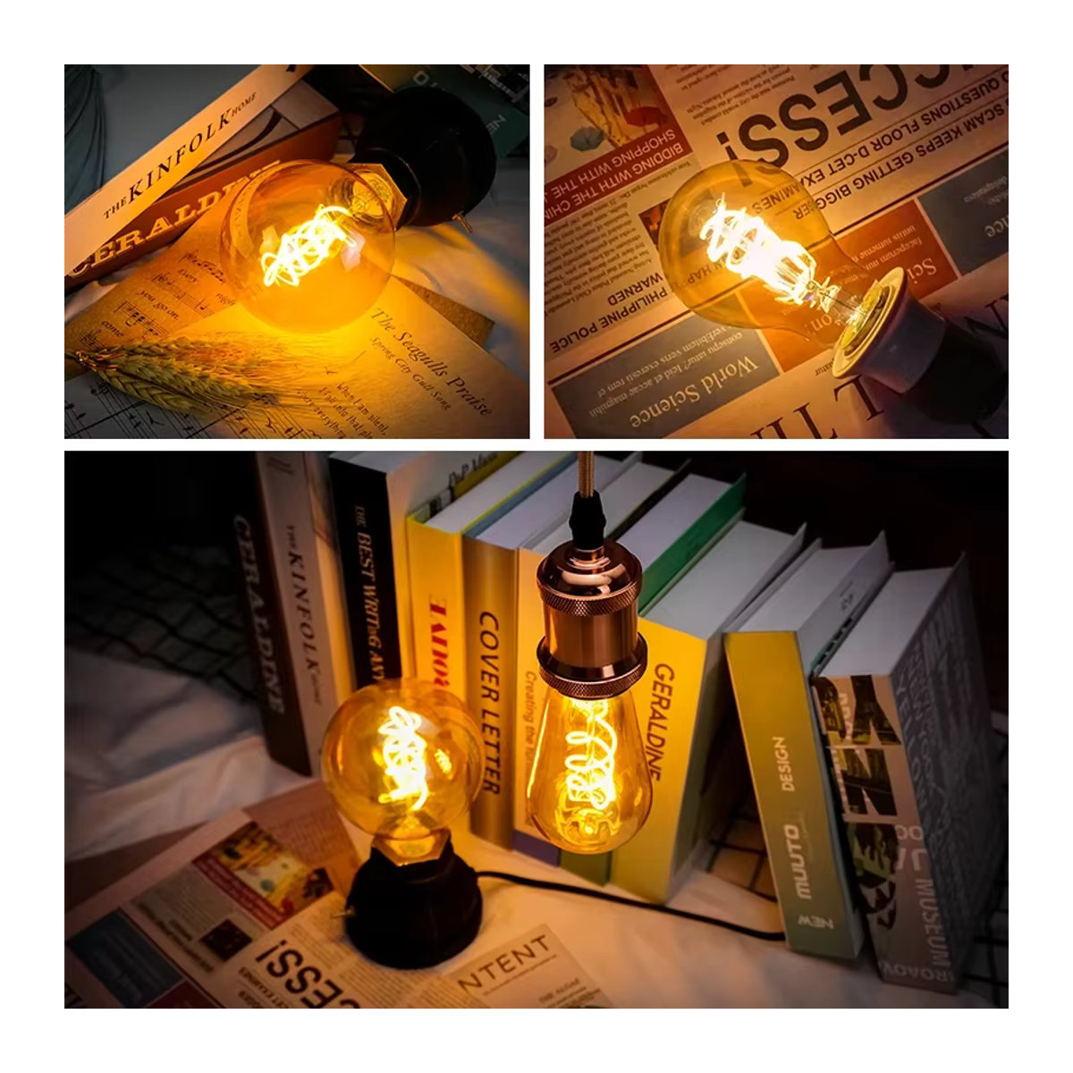 NIN FULL Retro Vintage LED Glühlampen im 4er Set, dimmbar, Spirale Design, 4W, 2200K Warmweiß, A60 ST64 G95 G125 Edison Beleuchtung - Bild 3