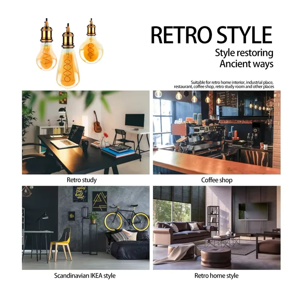 NIN FULL Retro Vintage LED Glühlampen im 4er Set, dimmbar, Spirale Design, 4W, 2200K Warmweiß, A60 ST64 G95 G125 Edison Beleuchtung - Bild 4
