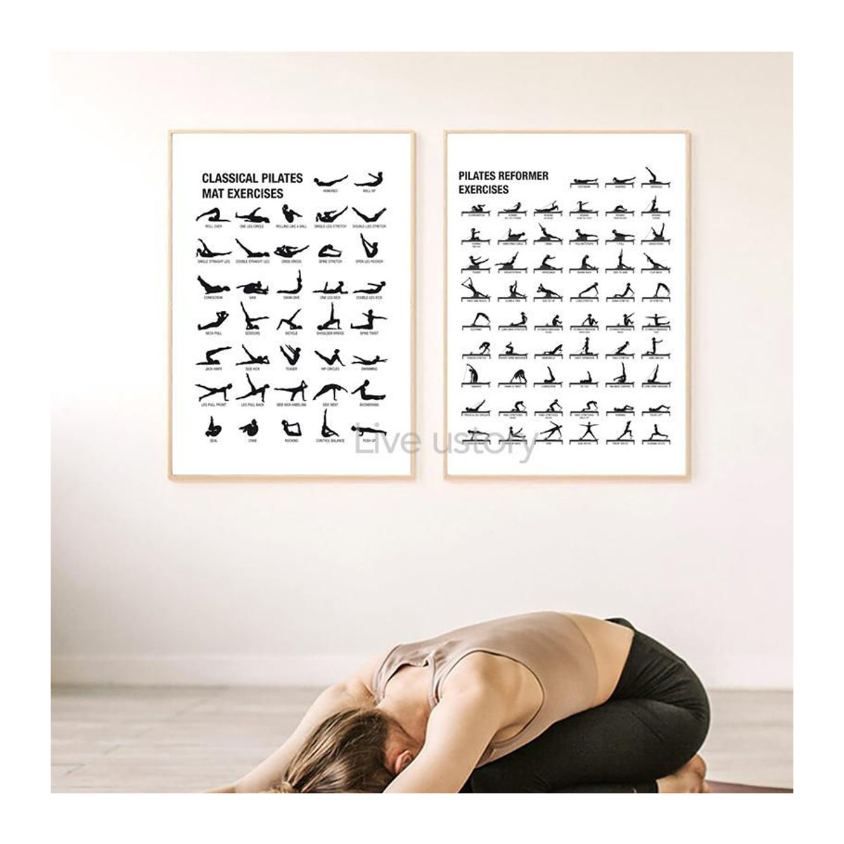 Niveous Art Museum Pilates Trainingsplan Poster als Leinwanddruck in Weiß, Wanddekoration für Yogaraum und Fitnessstudio, B/H: 40 x 60 cm - Bild 1
