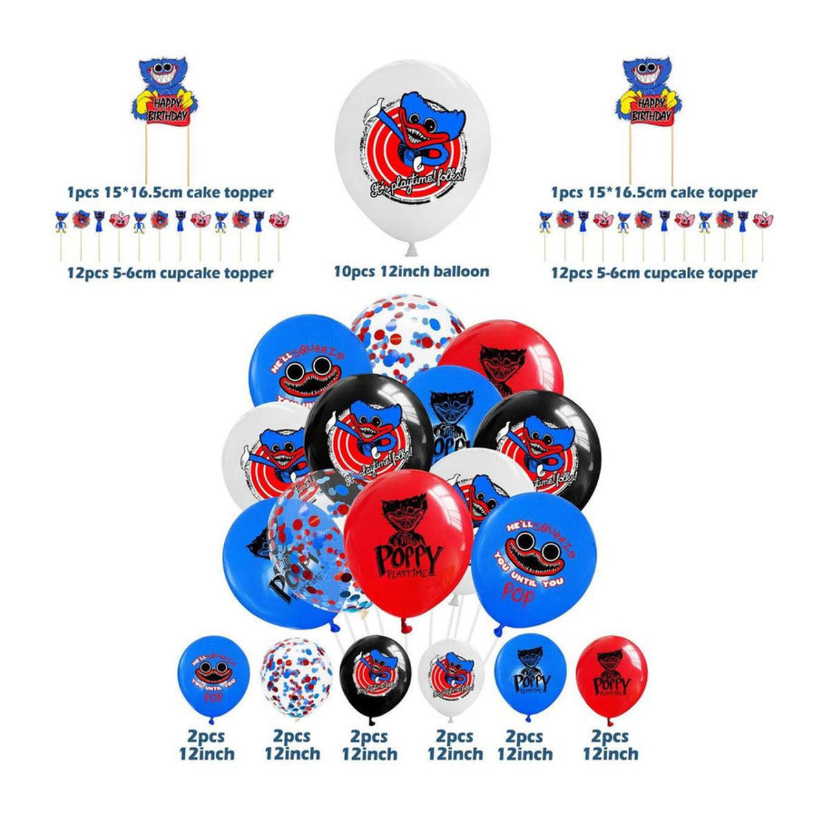NobleRot Poppy Playtime Huggy Wuggy Geburtstagsdeko Set mit 12 mehrfarbigen Ballons und Kuchenaufsätzen - Bild 6