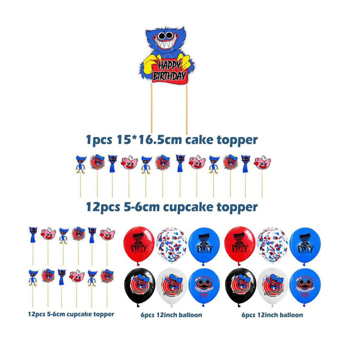 NobleRot Poppy Playtime Huggy Wuggy Geburtstagsdekorations-Set mit blauen Latexballons und Kuchenaufsätzen für Kinder - Bild 1